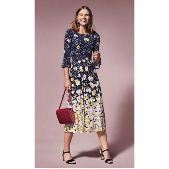 Boden Dresses & Skirts - Boden Blossom Jersey Midi Dress Navy Yellow Pink Floral Polka Dot Size 10